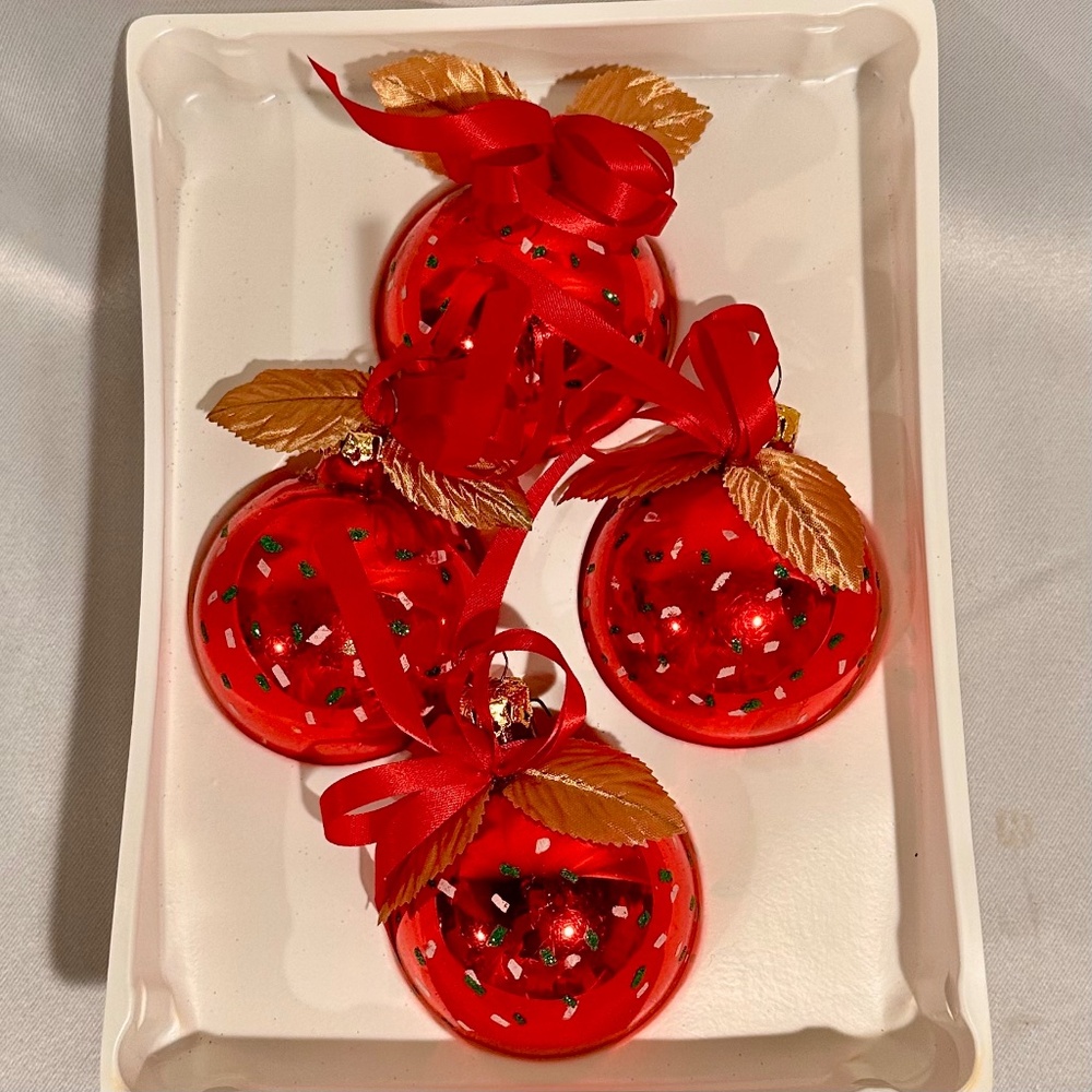 Vintage Red Glitter Hand Decorated Holiday Ornaments-S/4 Made in USA